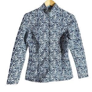 J. McLaughlin Navy Blue Printed Full Zip Mock Neck Scuba Billie Jacket Size S